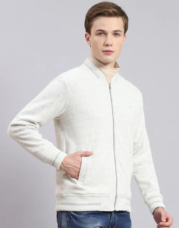 Men Off White Solid Mandarin Collar Full Sleeve Sweatshirt