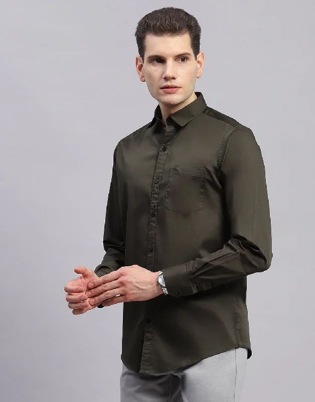 Men Olive Solid Collar Full Sleeve Shirt