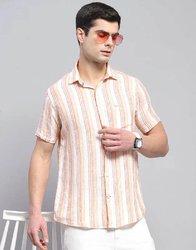 Men Orange Stripe Collar Half Sleeve Shirt