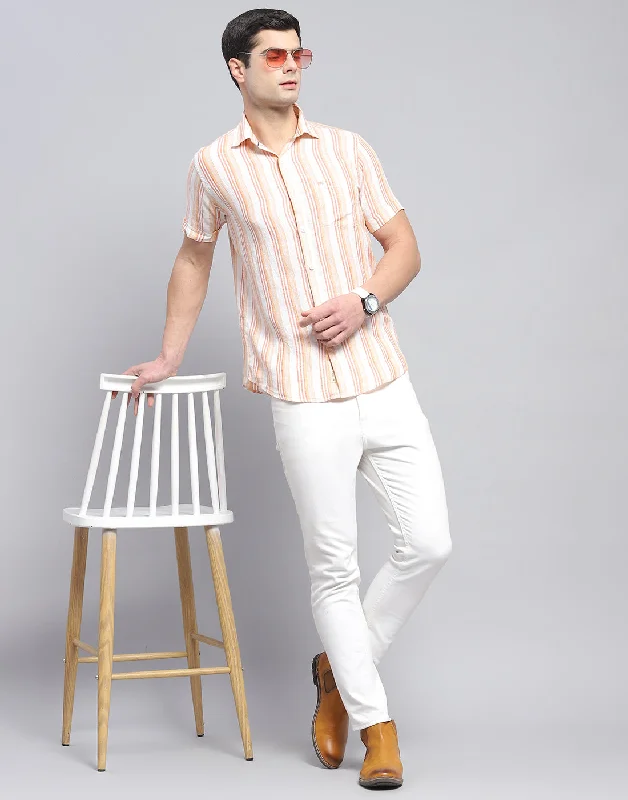 Men Orange Stripe Collar Half Sleeve Shirt