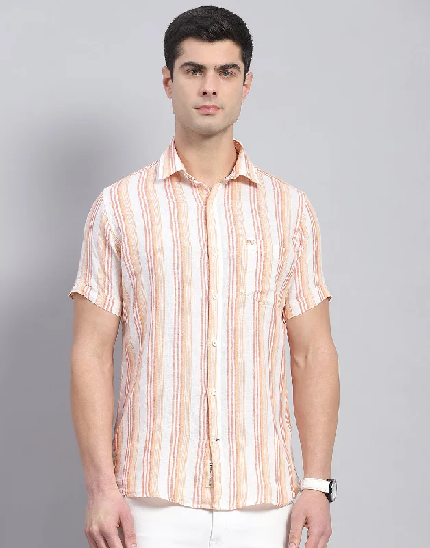 Men Orange Stripe Collar Half Sleeve Shirt