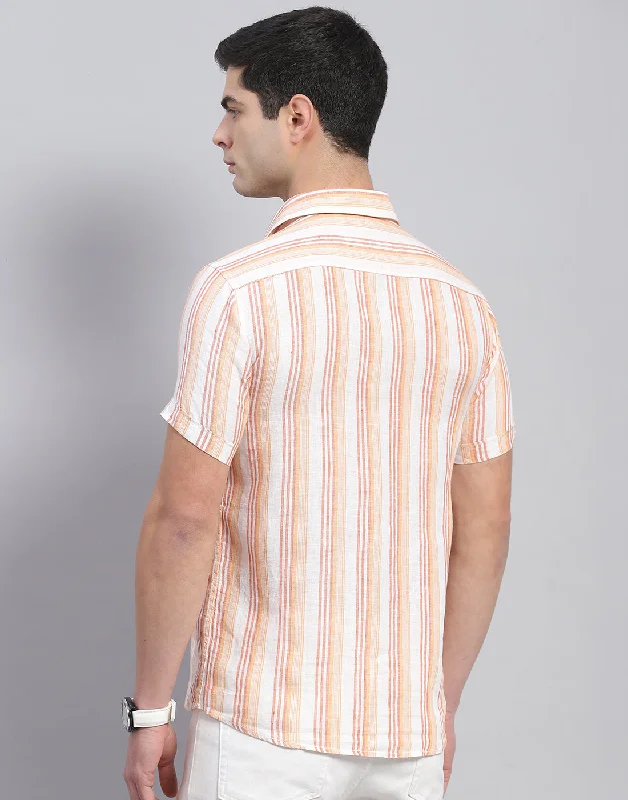 Men Orange Stripe Collar Half Sleeve Shirt