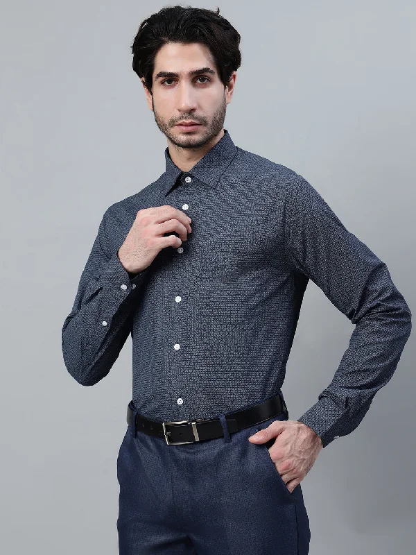 Men's Navy Blue Printed Full Sleeve Formal Shirt