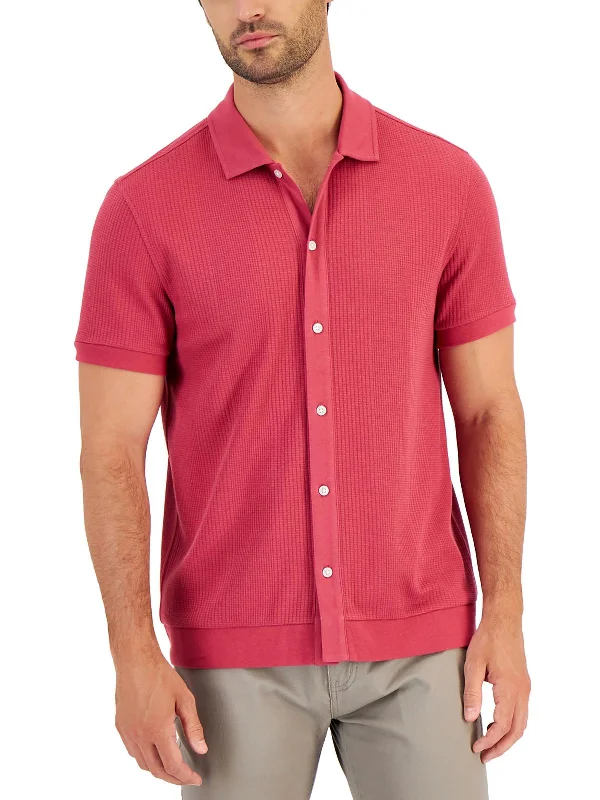 Mens Ribbed Henley Button-Down Shirt