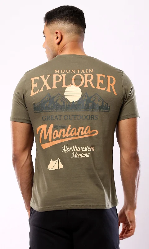 O179024 Dark Olive Tee With ""Mountain Explorer"" Back Print