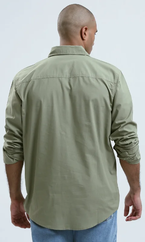 O181023 Solid Olive Cotton Shirt With Buttoned Cuffs