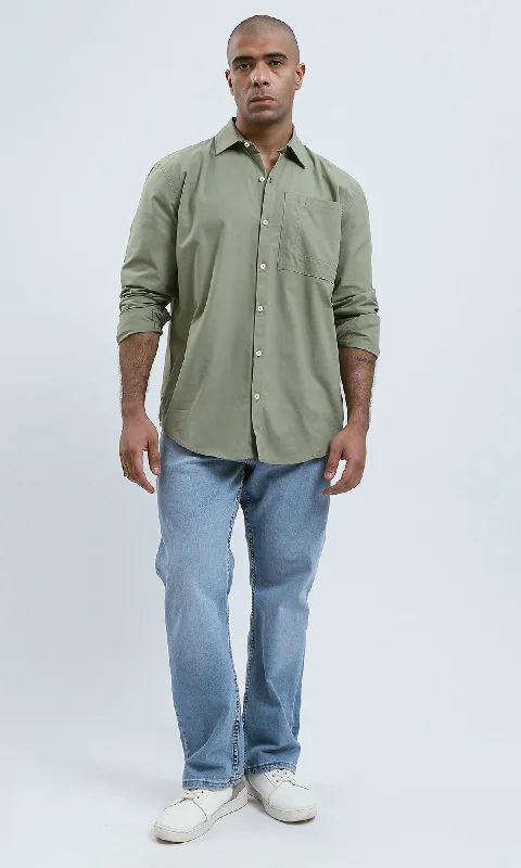 O181023 Solid Olive Cotton Shirt With Buttoned Cuffs