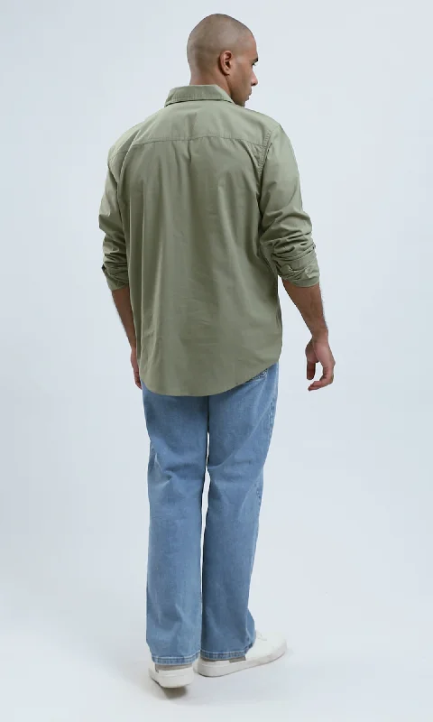 O181023 Solid Olive Cotton Shirt With Buttoned Cuffs