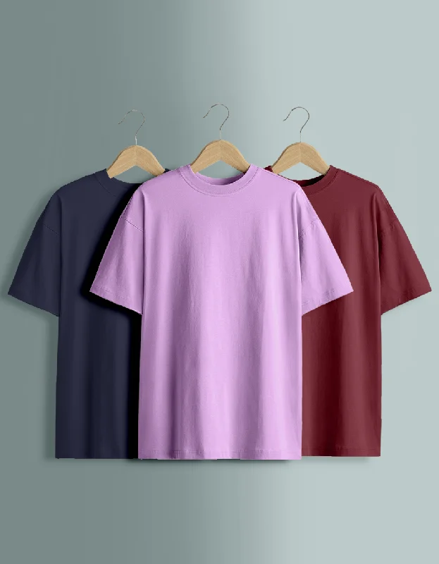 Pack of 3 Basic Oversized T-shirts: Maroon & Lilac & Navy