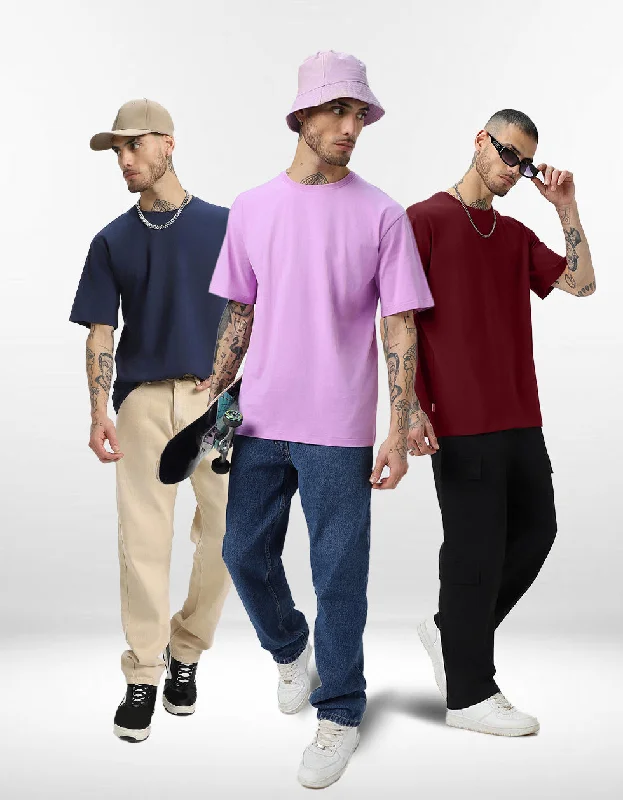 Pack of 3 Basic Oversized T-shirts: Maroon & Lilac & Navy