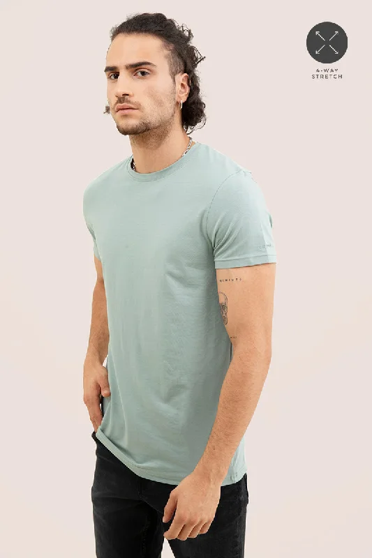 Teal Green Solid 4 Way Stretch Crew Neck T-Shirts