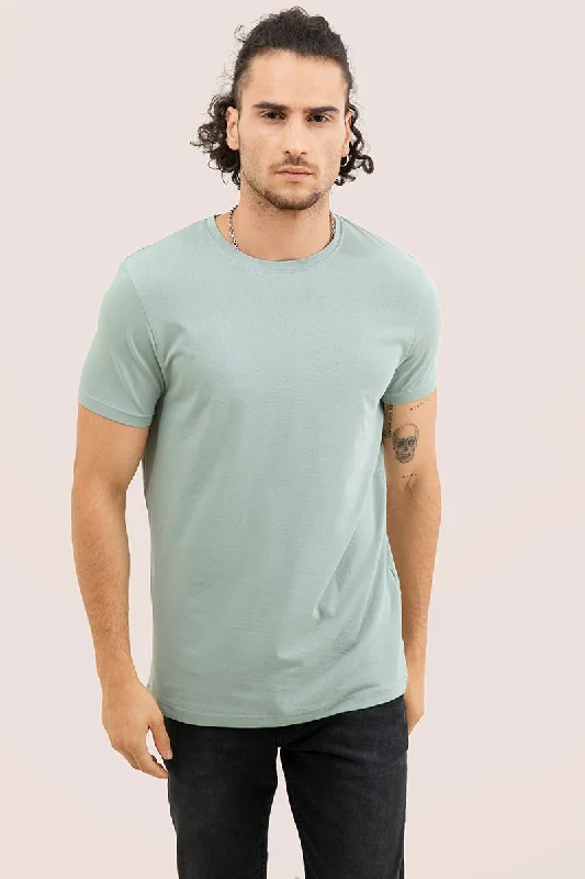 Teal Green Solid 4 Way Stretch Crew Neck T-Shirts