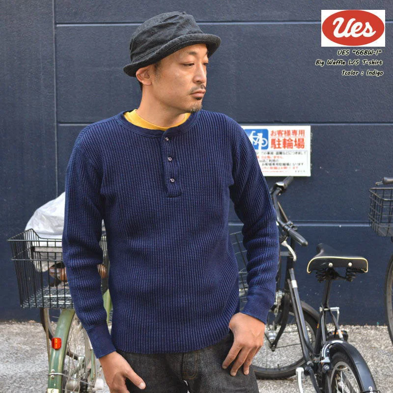 UES ""66BW-I"" INDIGO BIG WAFFLT HENLEY NECK T-SHIRT Thermal