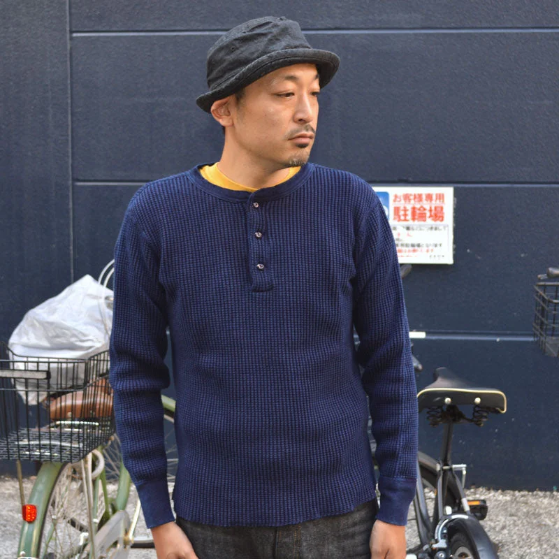 UES ""66BW-I"" INDIGO BIG WAFFLT HENLEY NECK T-SHIRT Thermal