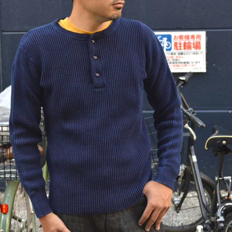 UES ""66BW-I"" INDIGO BIG WAFFLT HENLEY NECK T-SHIRT Thermal